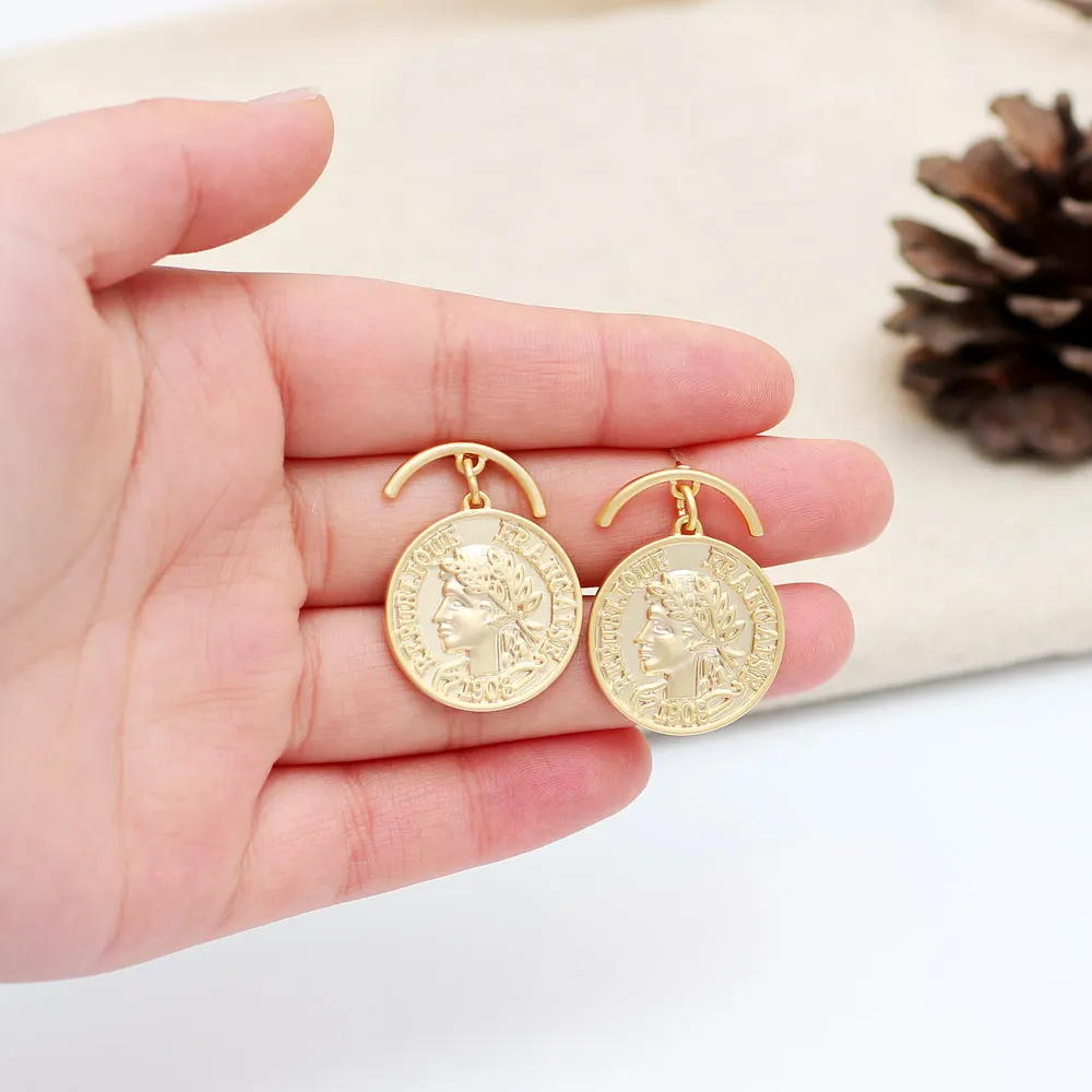 Золотые французские серьги в виде монет для женщин Винтажные монеты франчеса 2019