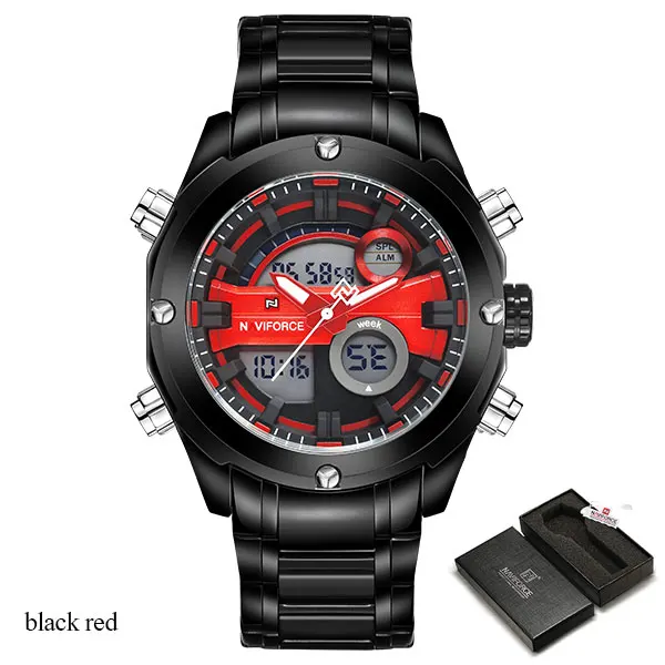 Black Red Naviforce для мужчин 30 м водонепроницаемые часы полностью из нержавеющей стали Аналоговый Цифровой дисплей светодиодный часы для мужчин s военные часы Relogio Masculino - Цвет: Black Red