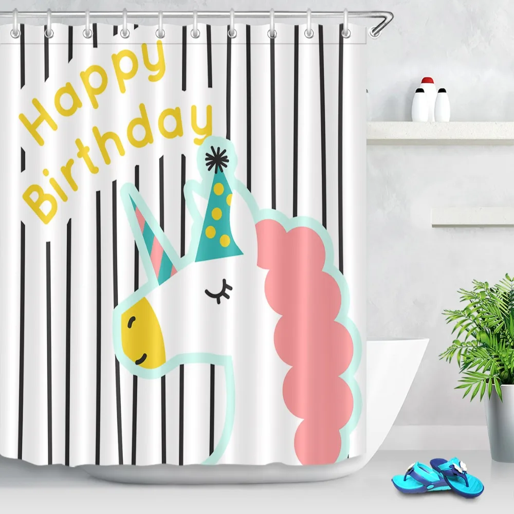 72'' Happy Birthday Unicorn Black White Stripe Bathroom Waterproof Fabric Shower Curtain Polyester 12 Hooks Bath Accessory Sets | Дом и