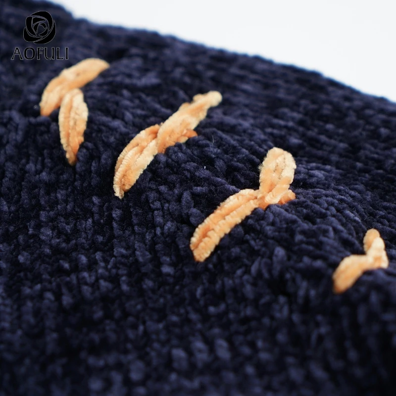 AOFULI Elegant Blue knitted sweater for women thick long sleeve pullover high neck collar warm knitwear L~ XXXL 4XL 5XL A3819 | Женская