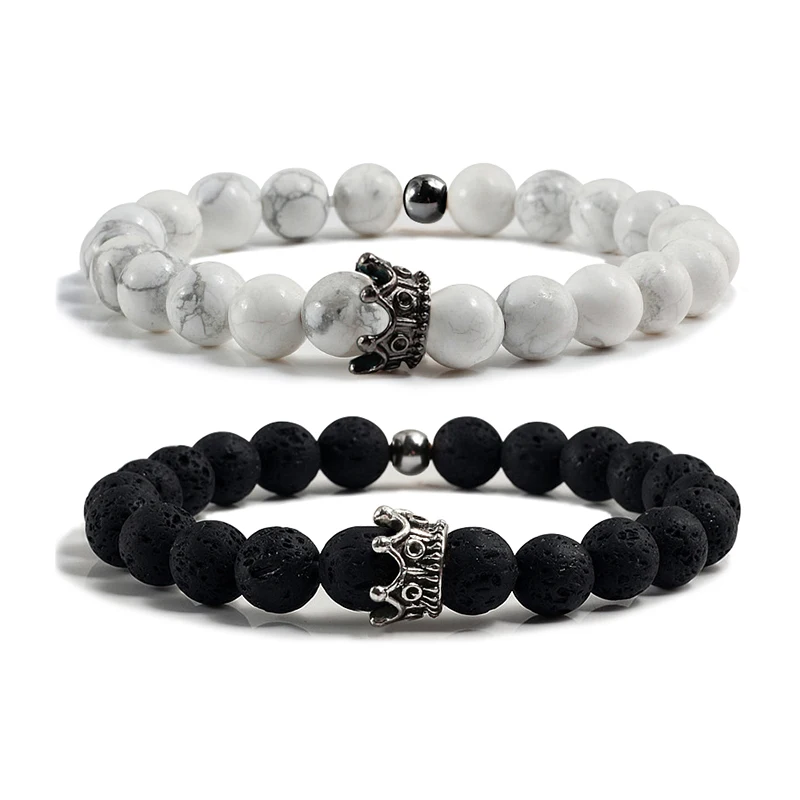 

Couple Distance Black Lava Beads Handmade Bracelets Charm Crown Men's Natural Stone Bracelet Women Yoga Jewelry Gift