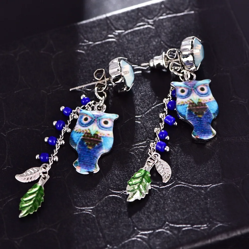 New Creative Bohemia Owl Leaf Stone Dangling Long Earrings for Women Chain Beads Pendant Drop | Украшения и аксессуары