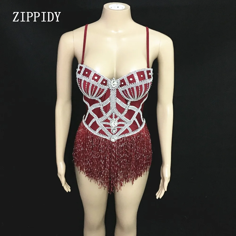 2019 Shining Crystals Red Tassels Bodysuit Sparkly Stage Dance Performance Outfit Nightclub Birthday Wear Show Clothes