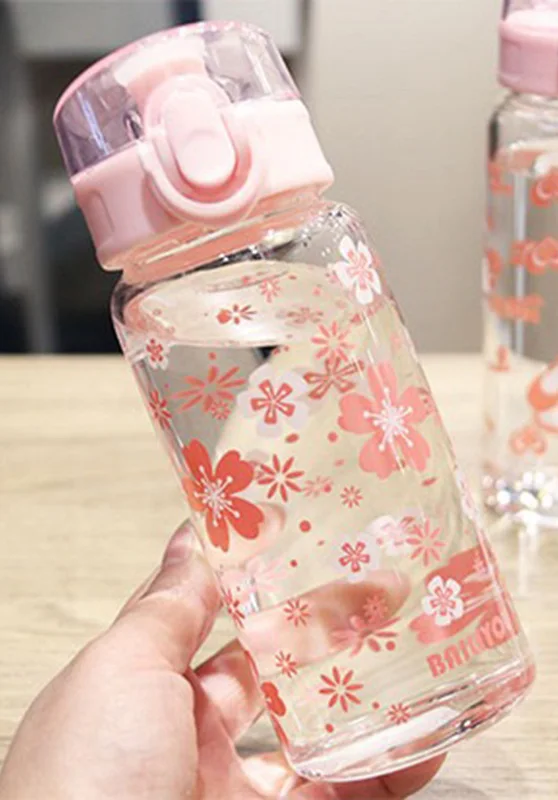 Red flower Летняя розовая вишневая стеклянная бутылка для воды спортивная Хрустальная крышка прыжка колба портативные взрослые дети детские спортивные питьевые бутылки - Цвет: Red flower