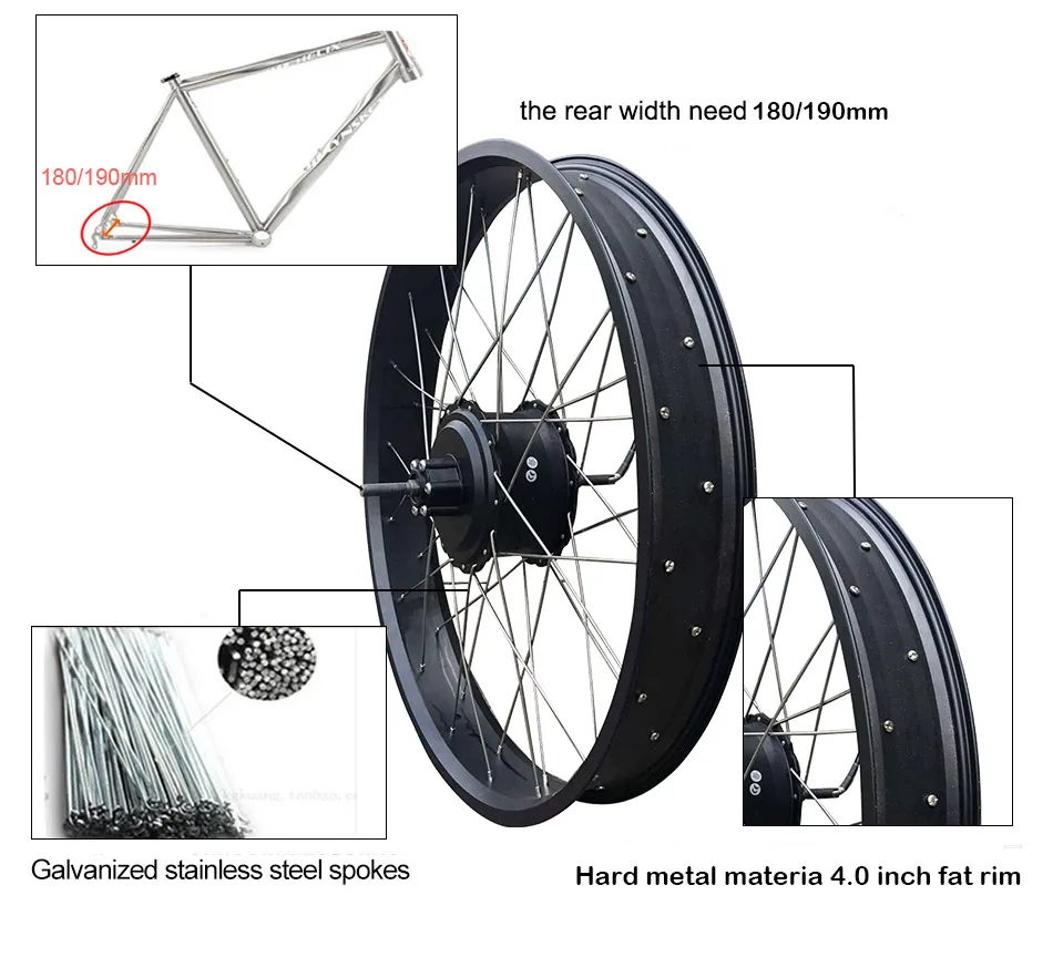 20''26'' 4.0 Fat Tire Electric Bike Kit High Speed 48V 1000W Rear Hub Motor E bike Conversion Kit Snow Beach Bike Free Shipping