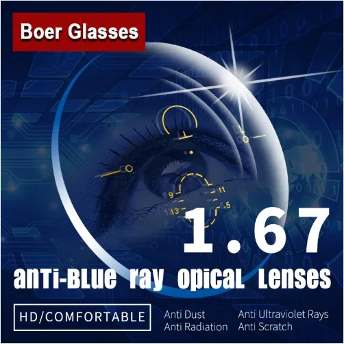 1.67 Anti-Blue Ray  photochromic and progressive Vision Aspheric Optical Lenses Prescription Spectacles Vision Degree Lens
