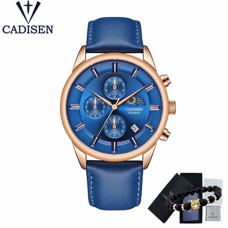 CADISEN новые мужские часы, мужские часы, Топ бренд, Роскошные Кварцевые часы для мужчин, водонепроницаемые часы для мужчин, Moon phase Relogio Masculino - Цвет: Gold Blue L Blue