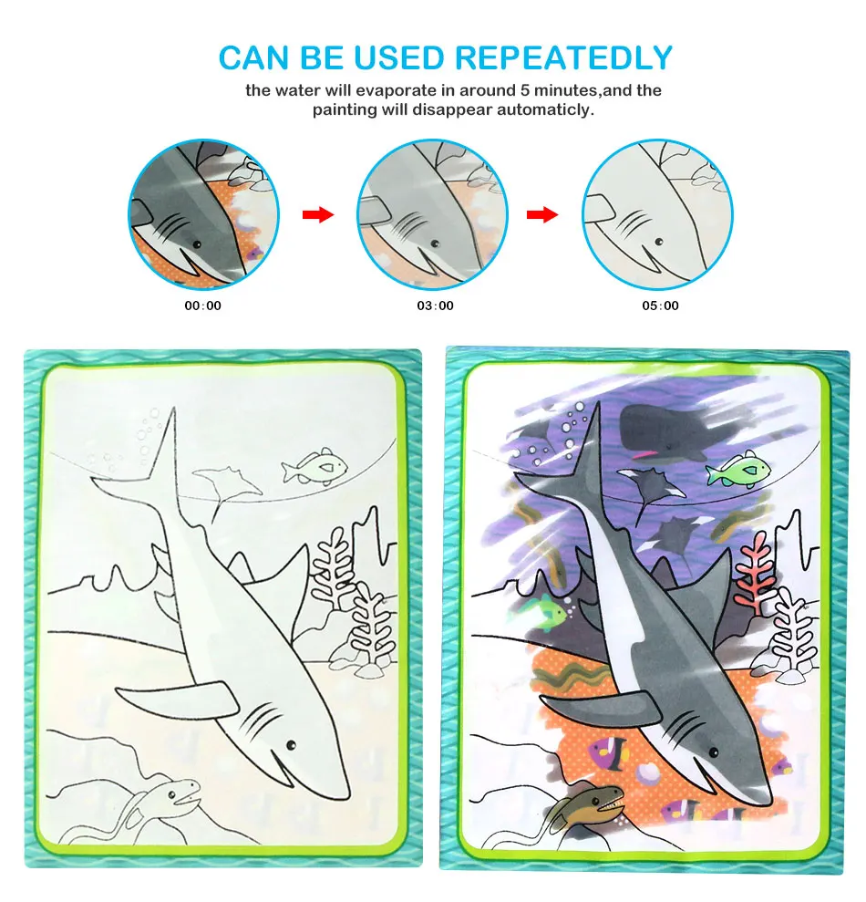 Water Drawing Cloth Book& Magic Pen Marine Life Theme Multi-color Painting Doodle Soft Book Learning Educational Toys for Kids