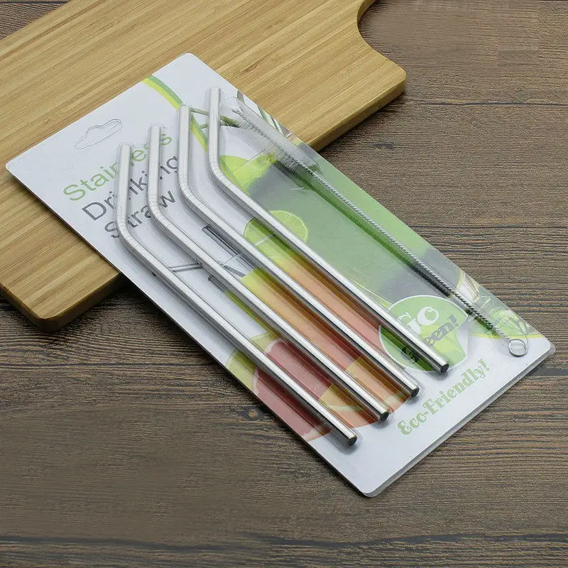 

4pcs/pack Stainless Steel Straw With Cleaning Brush Bend Straight Drinking Straw Kitchen Bar Party Accessories
