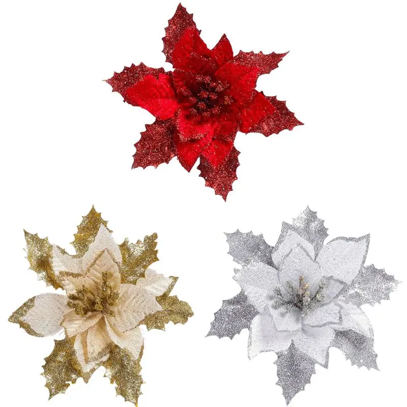 12 шт. блестящих цветов Poinsettia Рождественская елка Poinsettia украшения на Рождество День святого Валентина год цветочные украшения