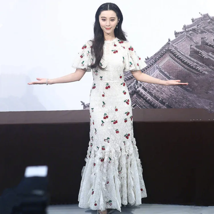 Женское кружевное платье YiLin Kay Белое Платье макси с принтом вишни лето 2019 |