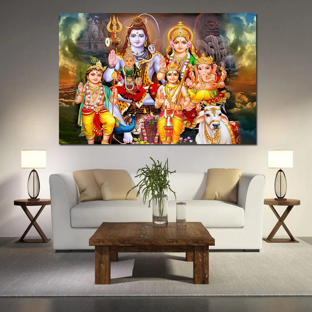 Shiva Parvati Ganesha индийское искусство Индийский Бог рисунок Холст Картина религиозный