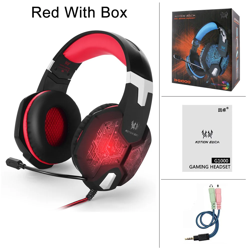 Red With Box Игровые наушники KOTION G1000 Игровые наушники для компьютера профессиональный проводной 3,5 мм светодиодный бас стерео гарнитура с микрофоном для портативных ПК Ps4 Pro - Цвет: Red With Box