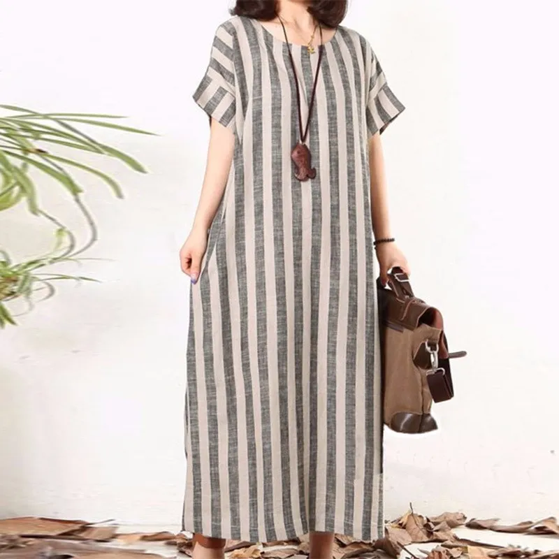 2019 летние женские свободные платья макси с коротким рукавом полосатые