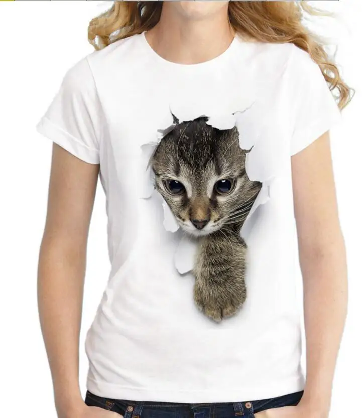 Женская футболка с принтом дырка в кошке Оригинальная коротким рукавом большие