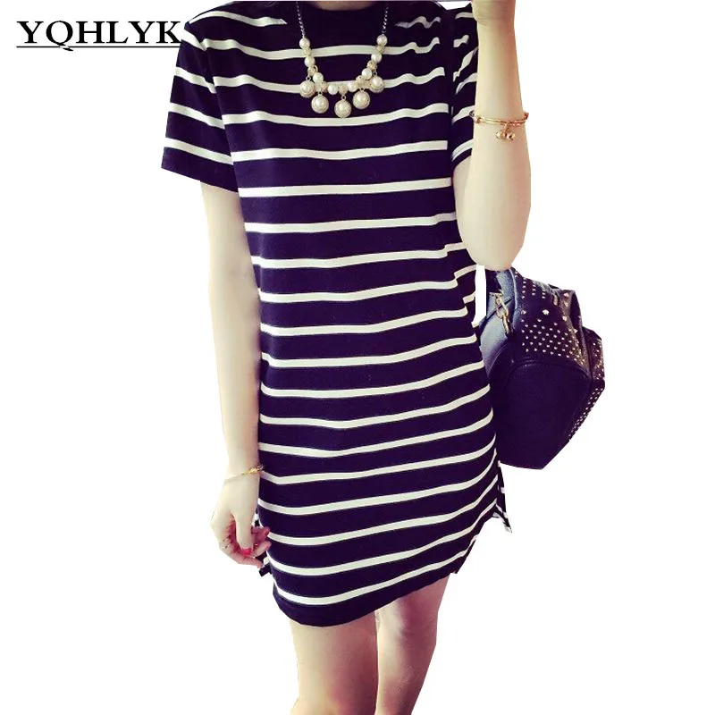 2018 Новая мода лето Для женщин платья в полоску с короткими рукавами свободные