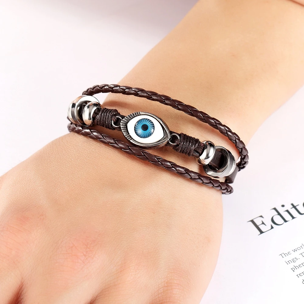 XQNI Турецкий Дурной глаз винтажный Многослойный кожаный плетеный браслет с синей
