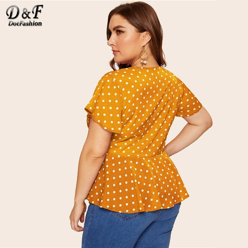 Dotfashion/женская блузка в горошек с узлом спереди; сезон лето ; Boho; глубокий v-образный вырез; одежда с короткими рукавами; женские модные топы
