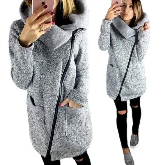 Женское шерстяное пальто с молнией сбоку серого синего цвета 3XL 4XL 5XL размера плюс