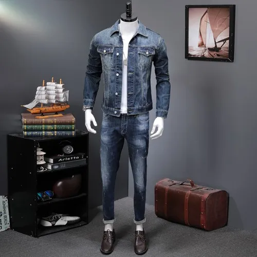 top and pants Весенний мужской комплект, Корейская тонкая джинсовая куртка с вышивкой+ джинсы, комплект из двух предметов, уличный стиль, принт с животными, джинсовое короткое пальто для мужчин - Цвет: top and pants