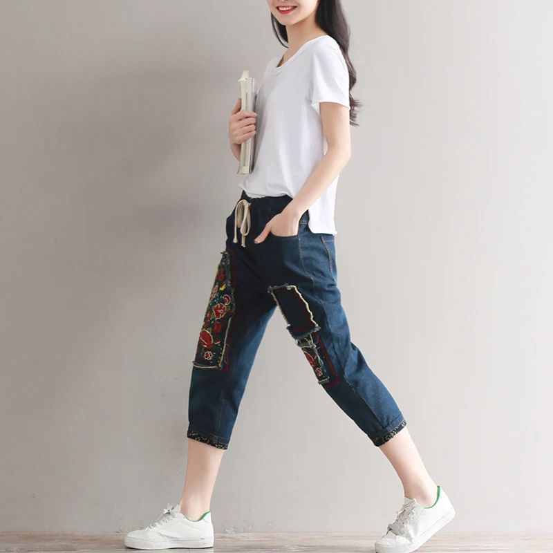 Джинсовые Капри с цветочной вышивкой Женские 2018 Летние повседневные винтажные