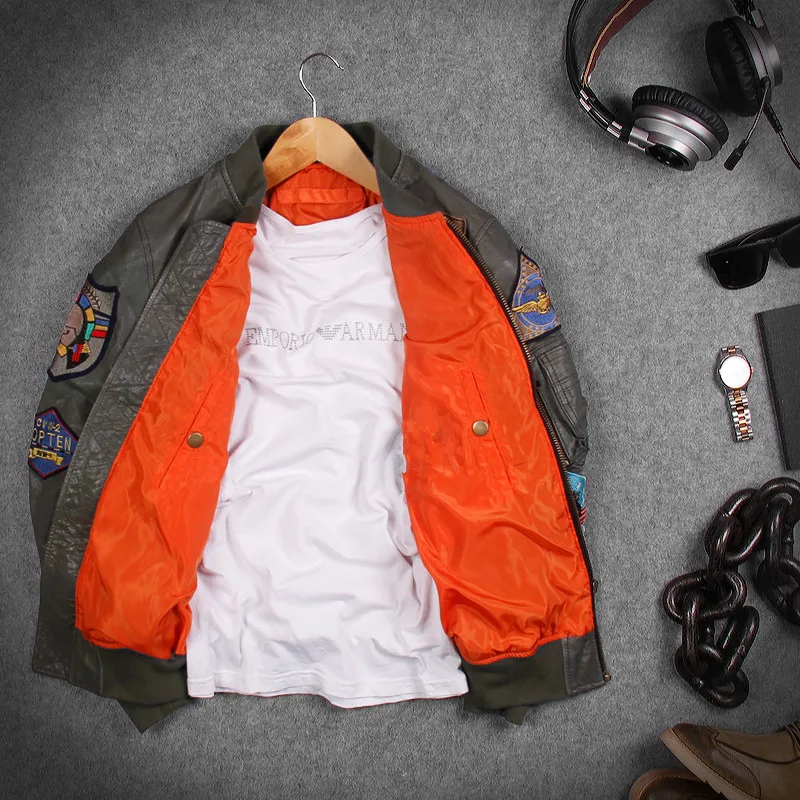 Мужская зеленая кожаная куртка пилота размера плюс 6XL из натуральной овчины, приталенная русская военная куртка Авиатор, кожаная куртка