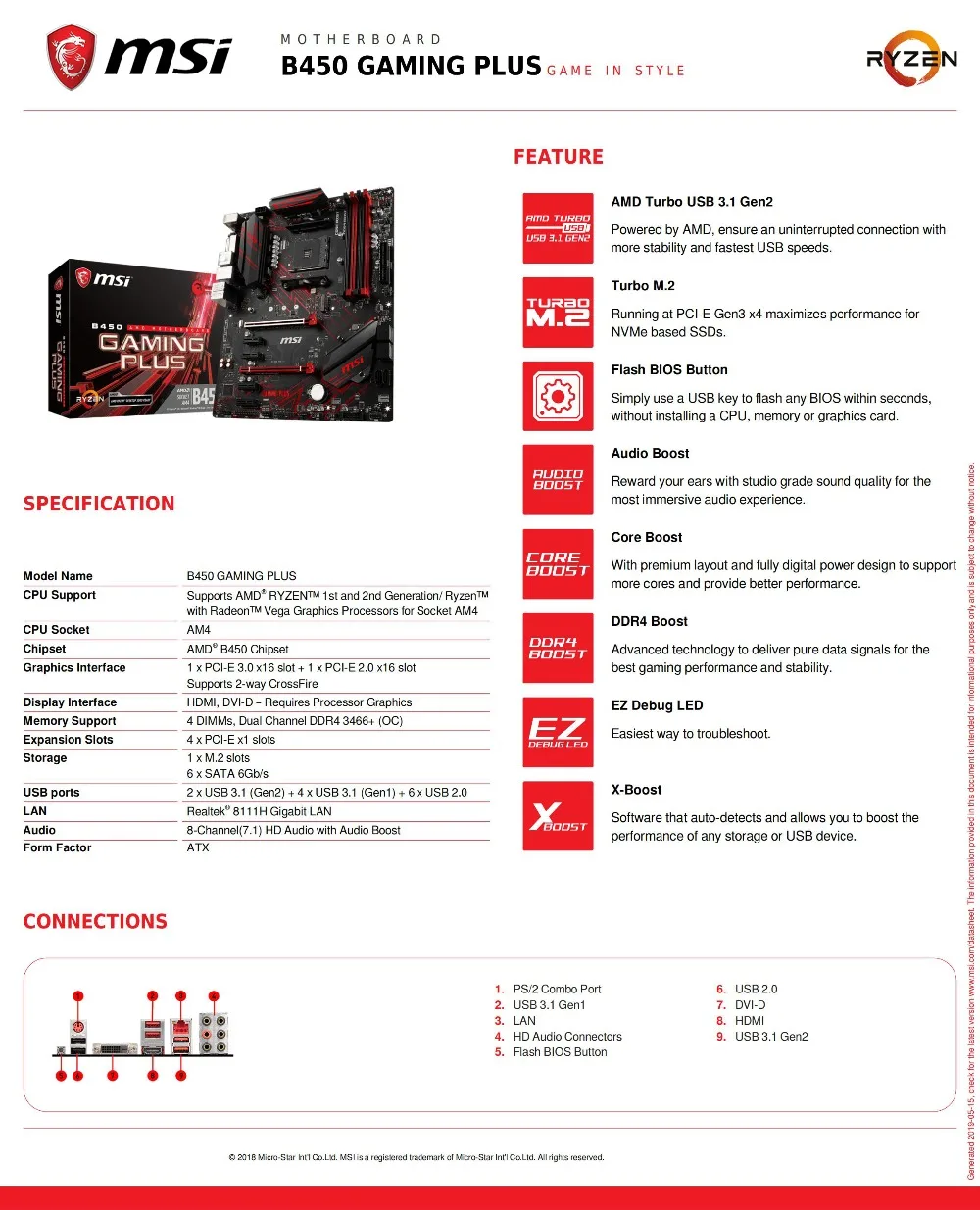 Оригинальная материнская плата для новой MSI B450 GAMING PLUS DDR4 Socket AM4 64GB USB2.0 USB3.1 B450 настольная материнская плата