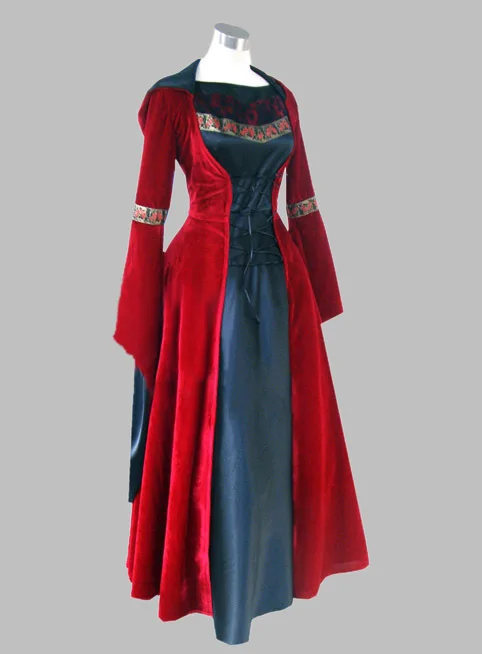 Готическое Черное и красное бархатное шелковое историческое платье