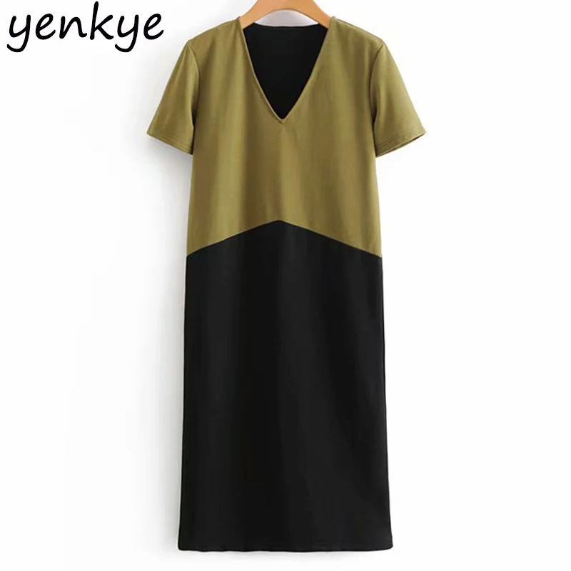 Для женщин V шеи короткий рукав Винтаж блок Цвет платье футболка прямые миди