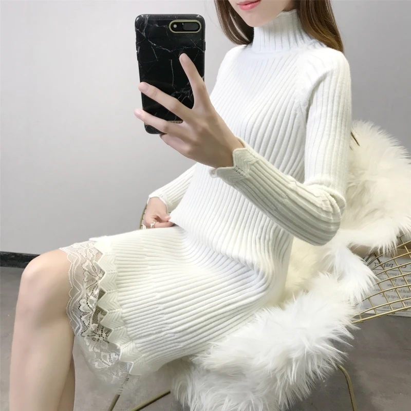 Lace Patchwork Knitted Cotton Sweater Dresses Bottom Knitwear Women Vintage Loose Turtleneck Pullover Femme LJ0930 | Женская одежда