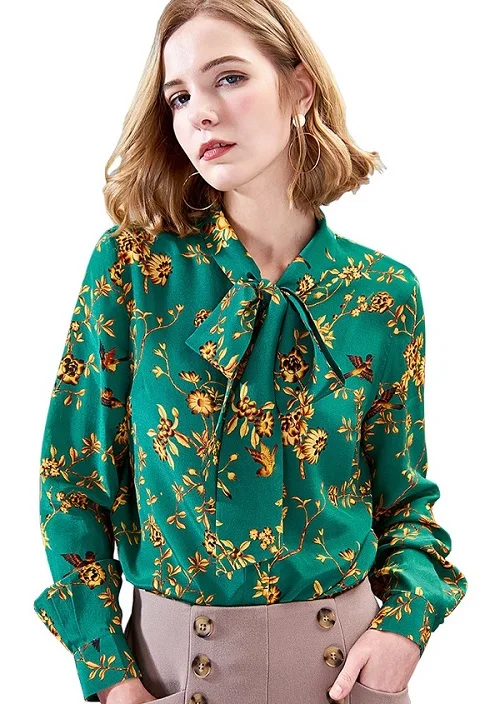 Green Silk Shirt Шелковая блузка тутового цвета женская летняя с длинным рукавом воротник с бантом винтажная зеленая Золотая Цветочная Harajuku плюс размер рубашка из натурального шелка одежда для женщин кимоно женские блузки - Цвет: Green Silk Shirt