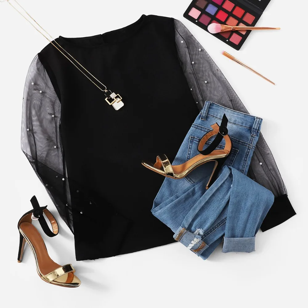 SHEIN Топ С Сетчатым Рукавом С Бусинами Женская Летняя Черная Элегантная Блузка С Длинными Рукавами