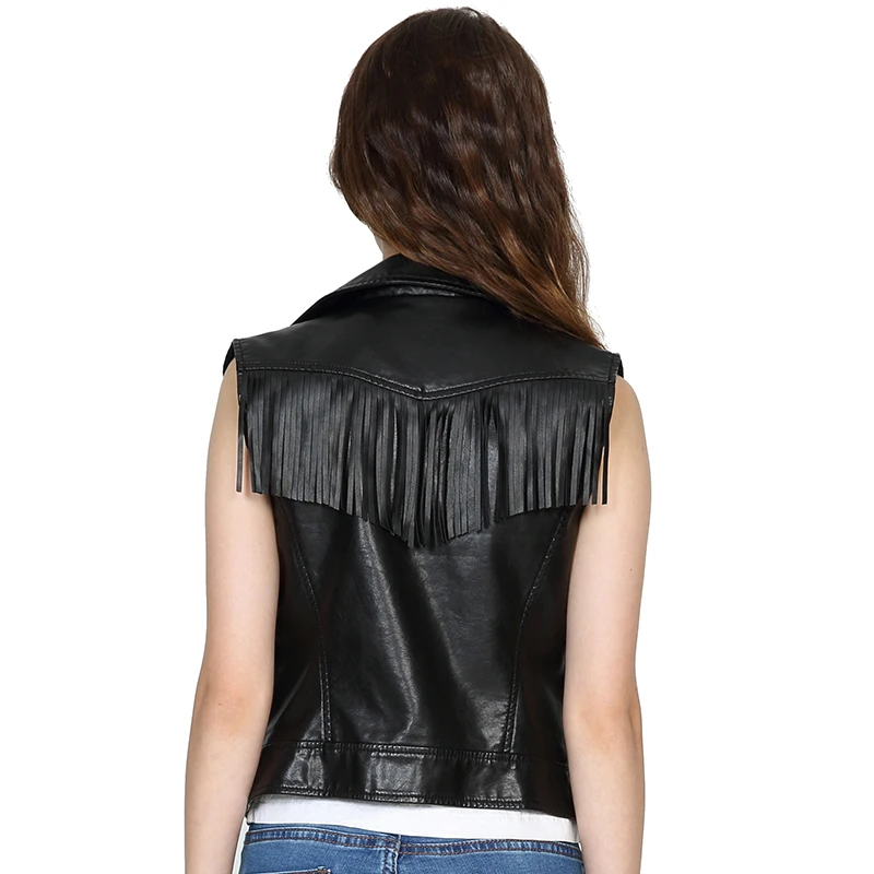 Шикарный черный жилет с кисточками женский сексуальный из искусственной кожи на