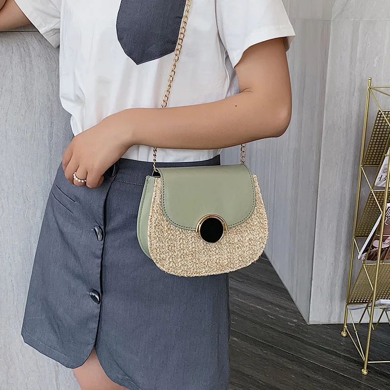 

Fashion Straw Shoulder Bag Women Straw+Leather Handbag Small Flap Crossbody Bag Boho Retro Beach Shoulder Bag Summer Chain Bag