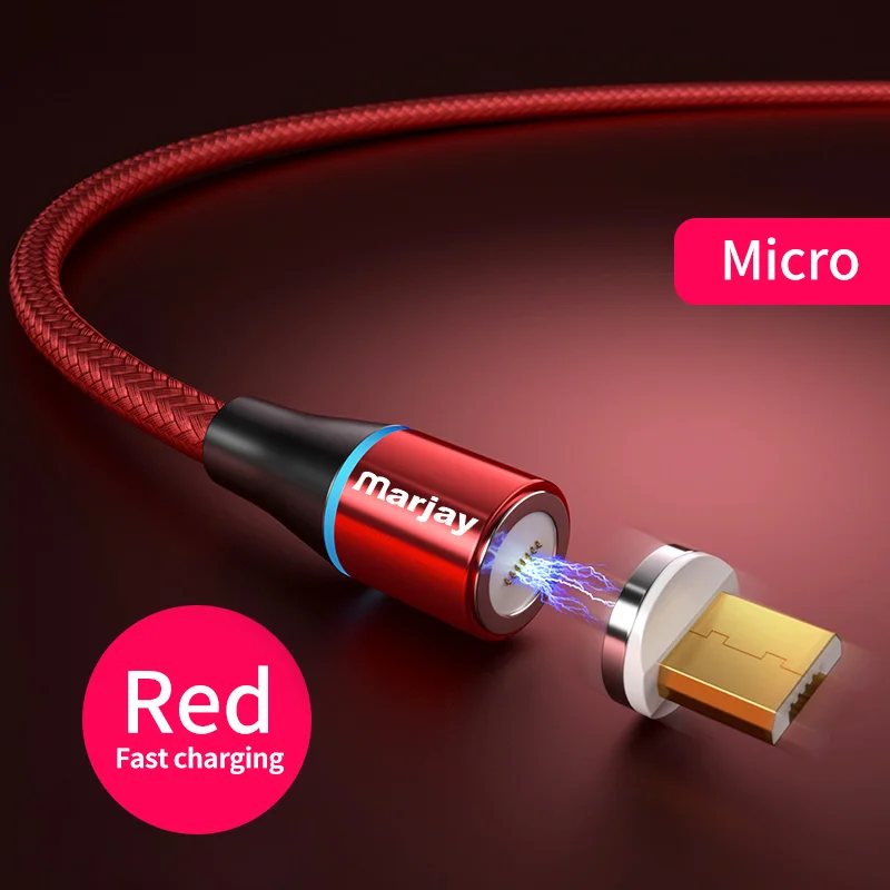 Marjay 3A магнитное зарядное устройство 2 м Micro Usb кабель для iphone Usb type C Быстрая Зарядка адаптер магнит зарядное устройство провод для samsung Xiaomi - Цвет: Red For Micro