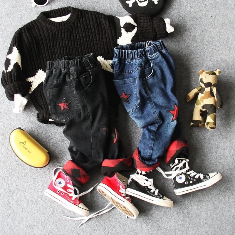 

only winter pant 1pc 2-8Y new 2018 winter boys fashion style thick warm fleece inside denim pant kids winter casual trousers