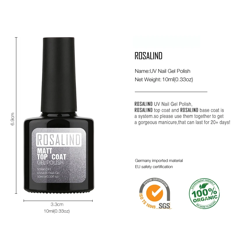 ROSALIND Nail Gel Polish Matt Top Coat 10ML Art Design Primer Semi Permanent UV Soak-Off Manicure Transparent Lacquer | Красота и