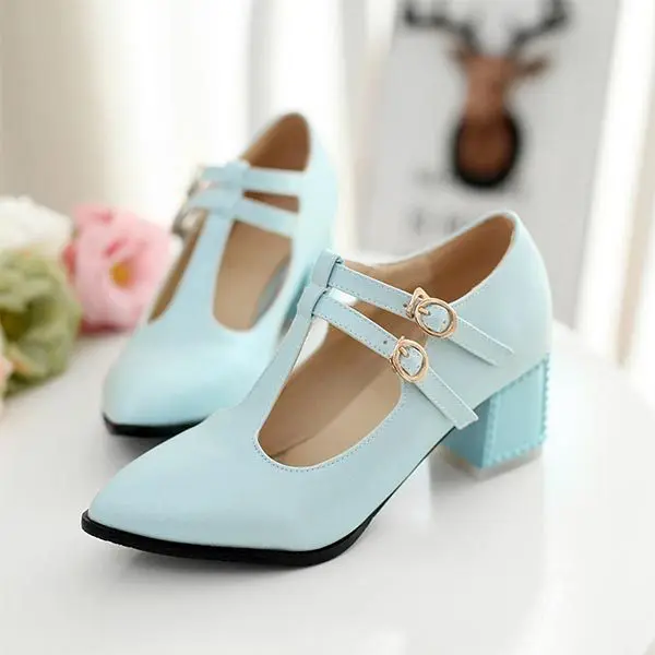 2014 Старинные Т Ремень Двойной Пряжки Острым Носом На Высоком Каблуке насосы