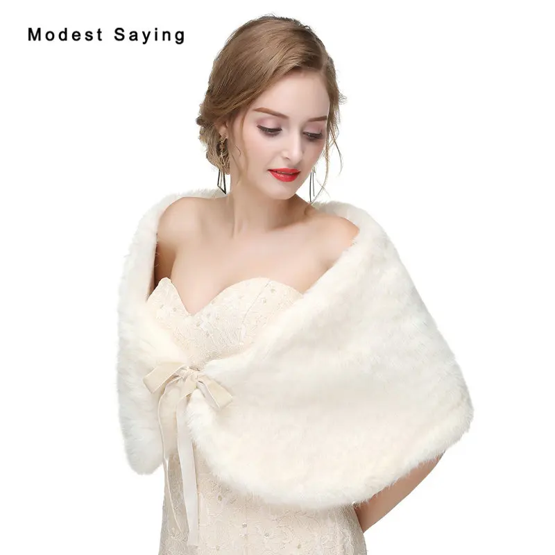 

New 2017 Ivory Faux Fur Wedding Jackets Shrugs Bridal Shawls Fur Stoles Bow Warm Bridesmaid Wraps Outerwear Wedding Accessories