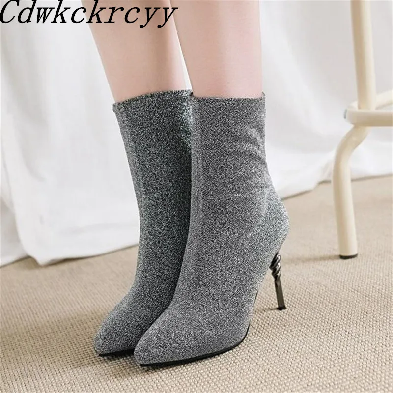 winter New pattern fashion Round head silvery sexy Elastic force Thin leg Short boots Fine heel Add wool Keep warm Women Boots