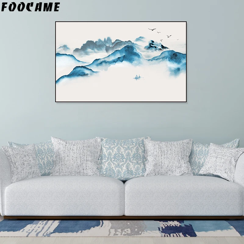 Foocome акварельный горный Lnk пейзаж постер китайская живопись на холсте украшение