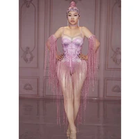 sexy pink tassel rhinestone stage jumpsuit women nightclub crystal stretch bodysuit pole dance leotard showgirl performance wear