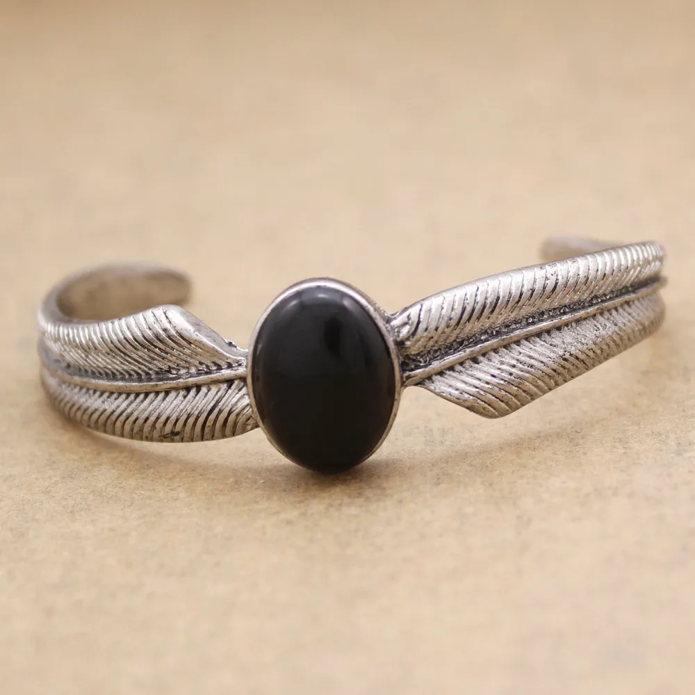 Винтажный посеребренный браслет в виде крыла пера обсидиана|cuffs jewelry|big bracelets