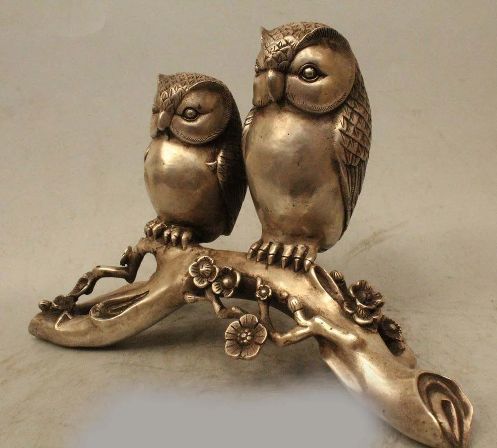 10&quot Folk Chinese Silver Sculpture Carved 2 Love Bird Scout Minerva Owl Statue | Дом и сад