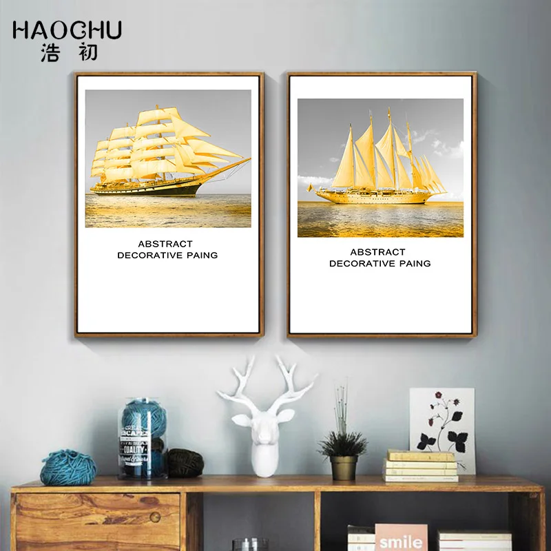 Современный Морской Золотой Корабль HAOCHU пейзаж домашний декор печать холст
