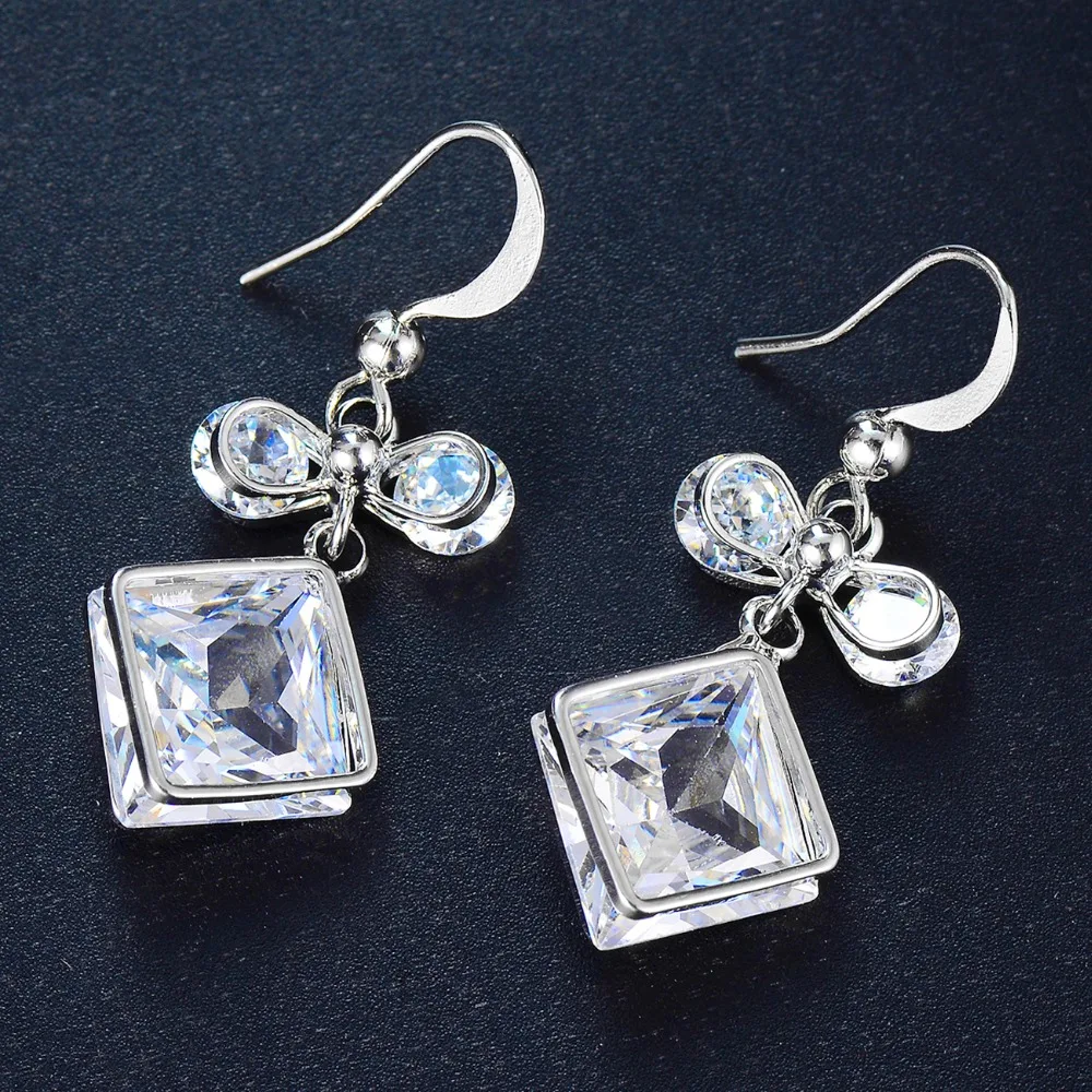 WEVENI Silverstone Bowknot Square Cubic Zircon Earrings Dangle Drop Zirconia Charms For Women Girl Birthday Gift Fashion Jewelry | Украшения