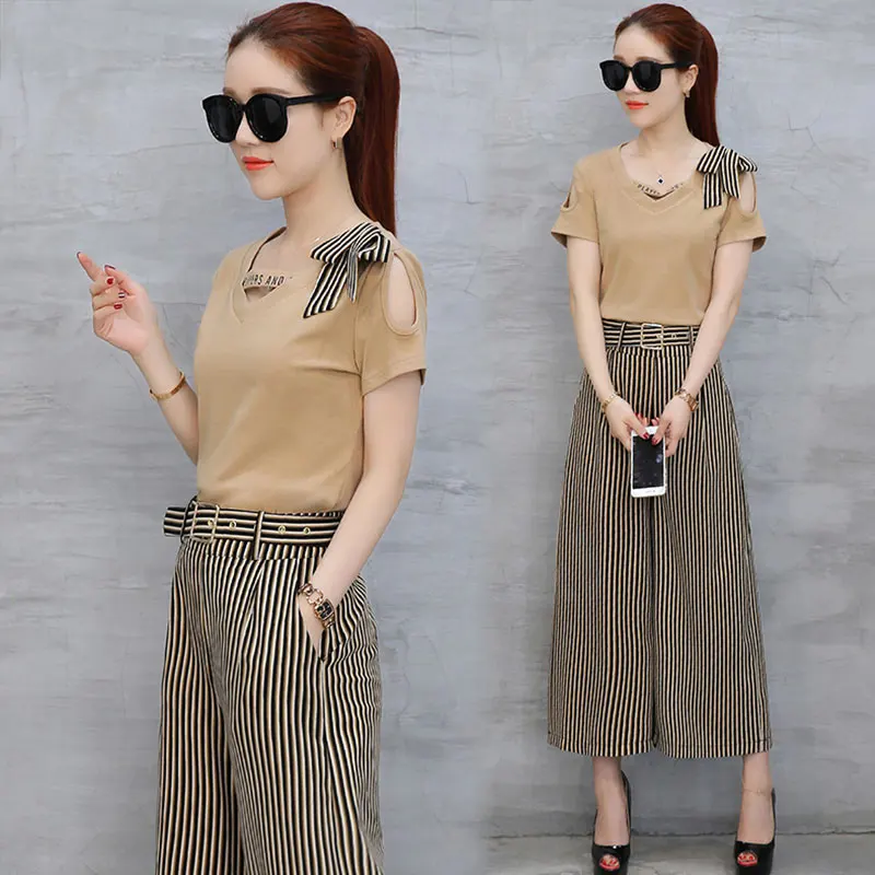 Летний женский костюм комплект из двух предметов в полоску с широкими штанинами