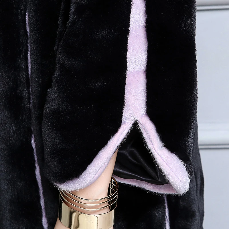 2019 New Women Faux Fur Coat Long Black and Purple Contrast Color Striped Patchwork Loose Overcoat Plus Size 5XL 6XL | Женская одежда