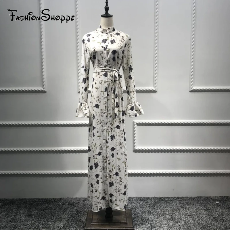 2018 г. модная мусульманская абайя с принтом турецкий Дубай расклешенный рукав