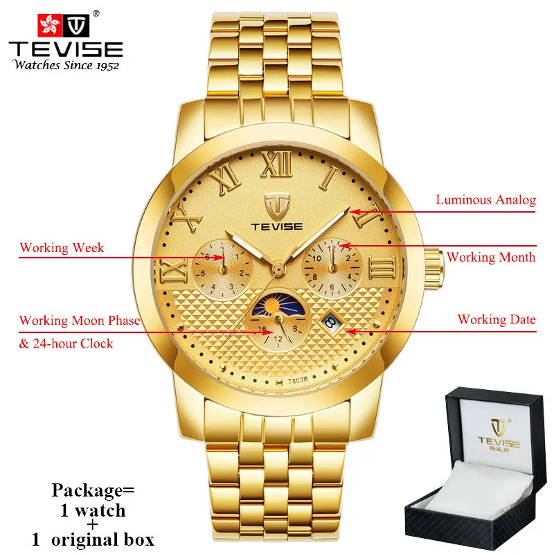 gold with box Tevise световой бизнес часы для мужчин Moon Phase авто деловые часы для мальчика подсветка выполните календари Дата Неделя DisplayT803B - Цвет: gold with box
